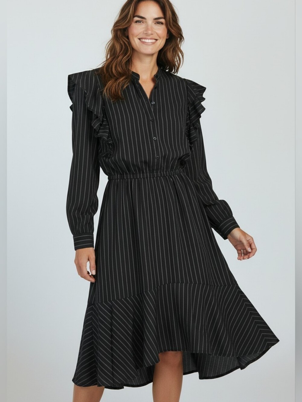 Joie Rasheda Dress M Black Pinstripe Ruffle Asymmetrical Midi NWT